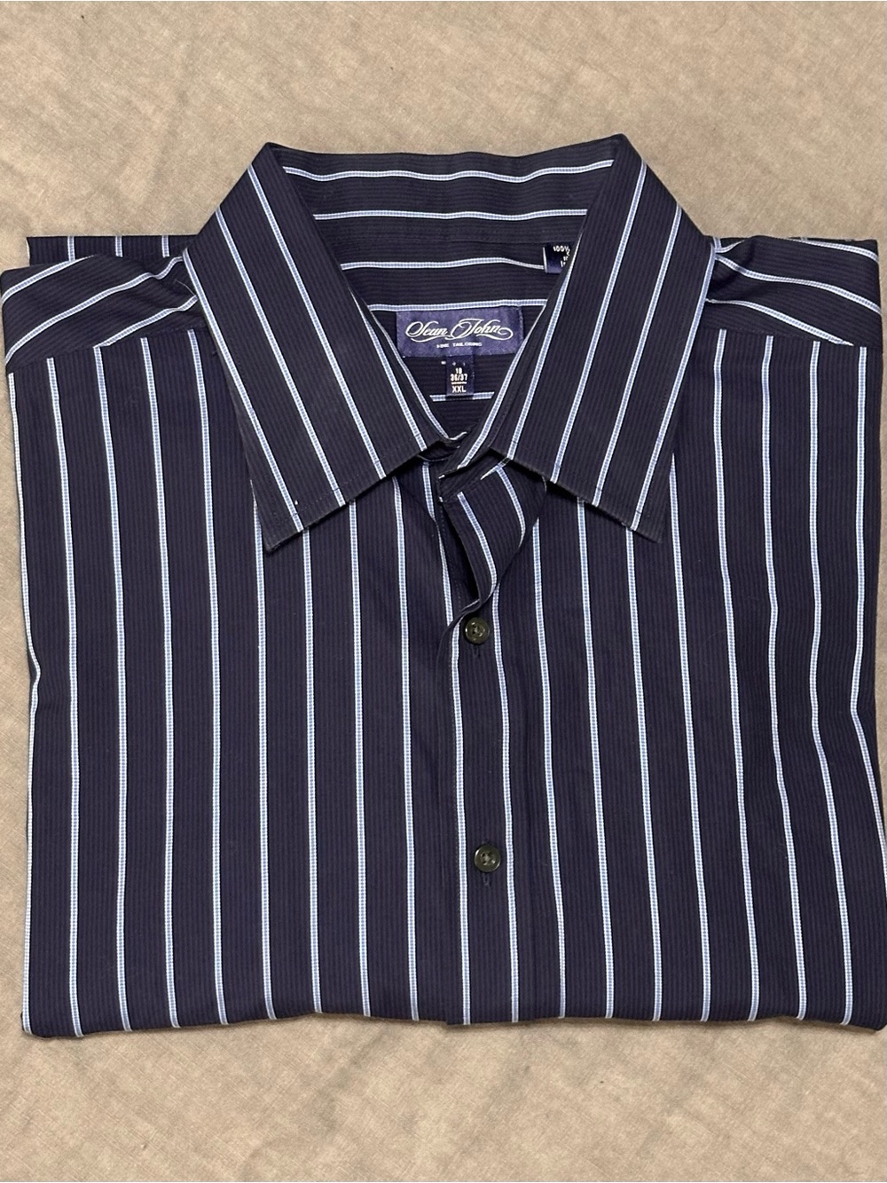 Sean John Navy Blue Vertical Stripe French Cuff Dress Shirt